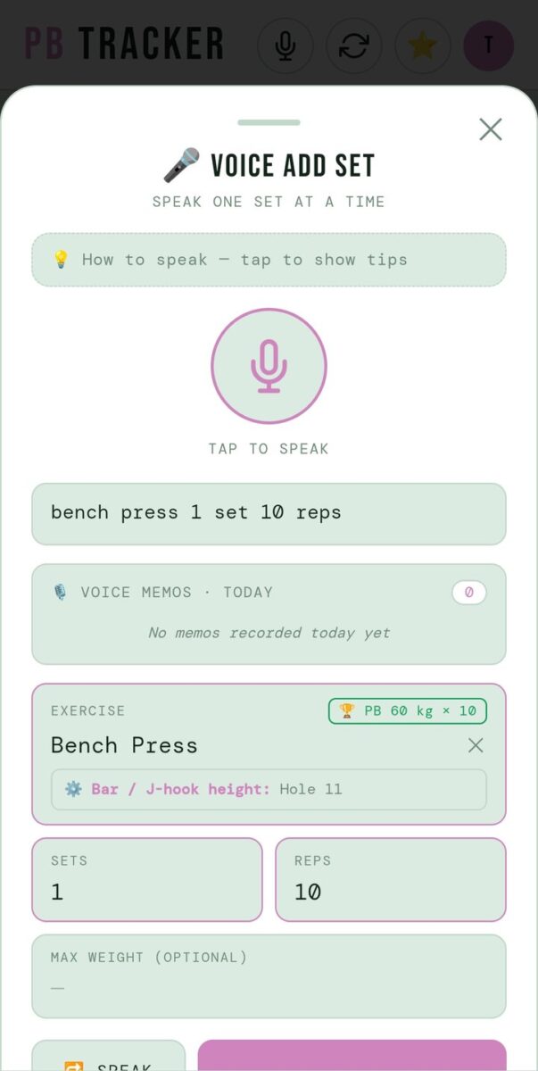 BeStreak screenshot: voice add set bench press