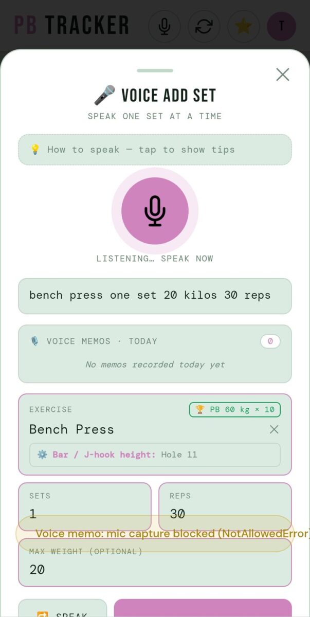 BeStreak screenshot: voice memo mic blocked