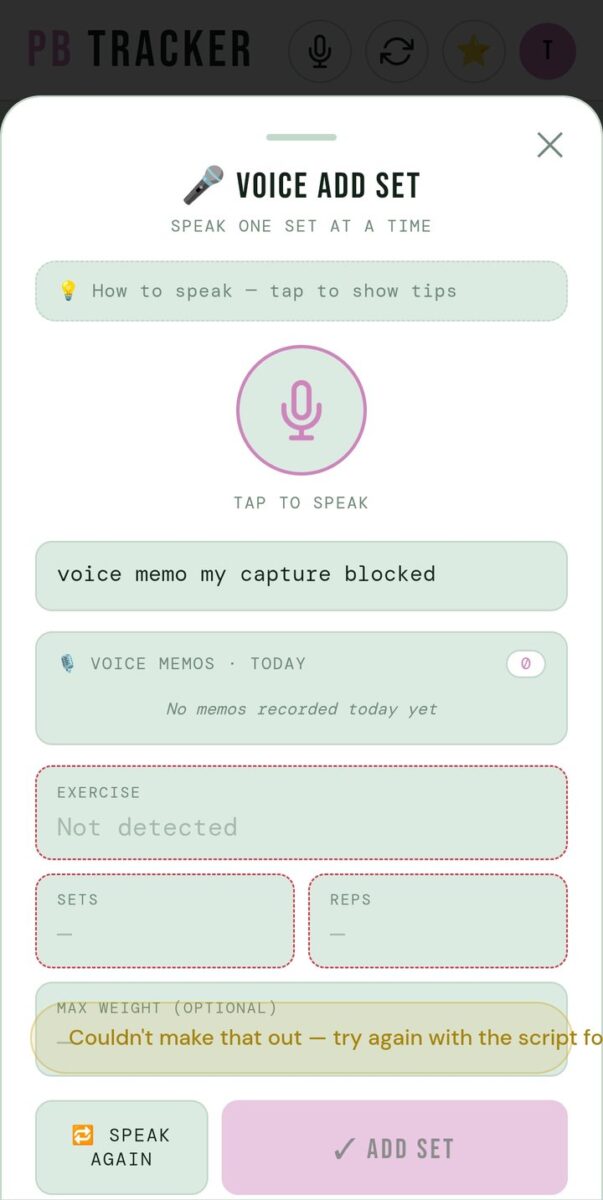 BeStreak screenshot: voice memo capture blocked