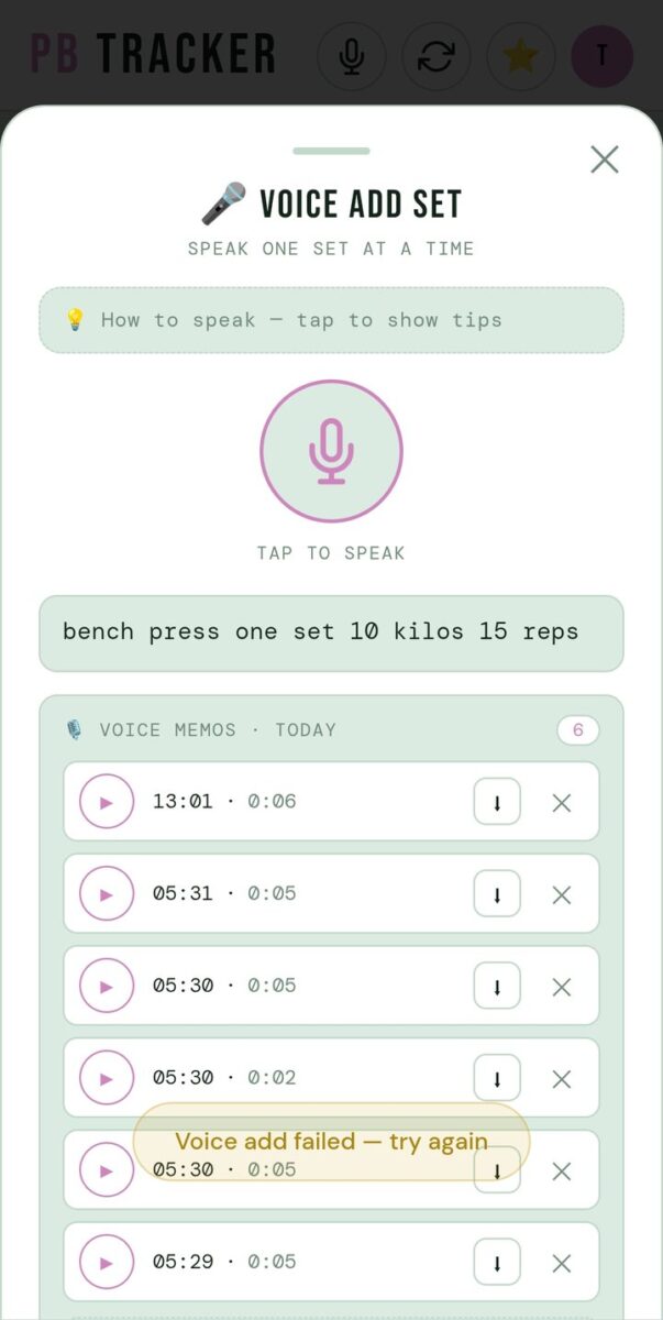 BeStreak screenshot: voice memos saved list