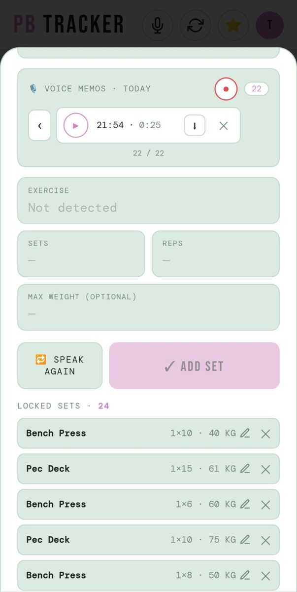 BeStreak screenshot: voice memos and locked sets