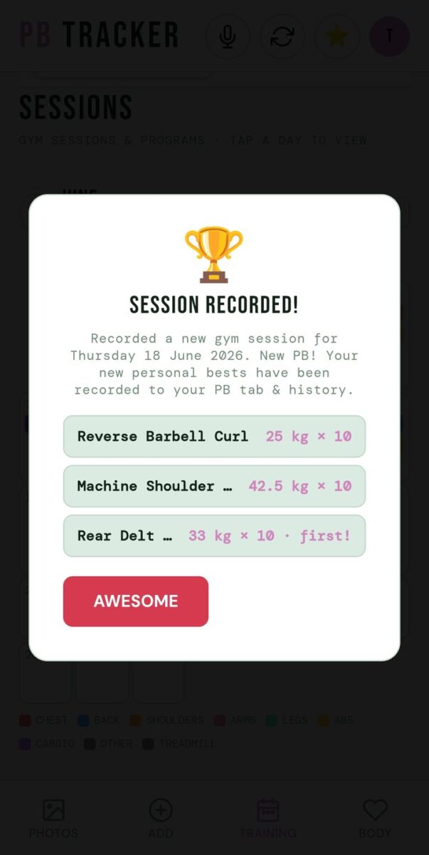 BeStreak screenshot: session recorded with pbs