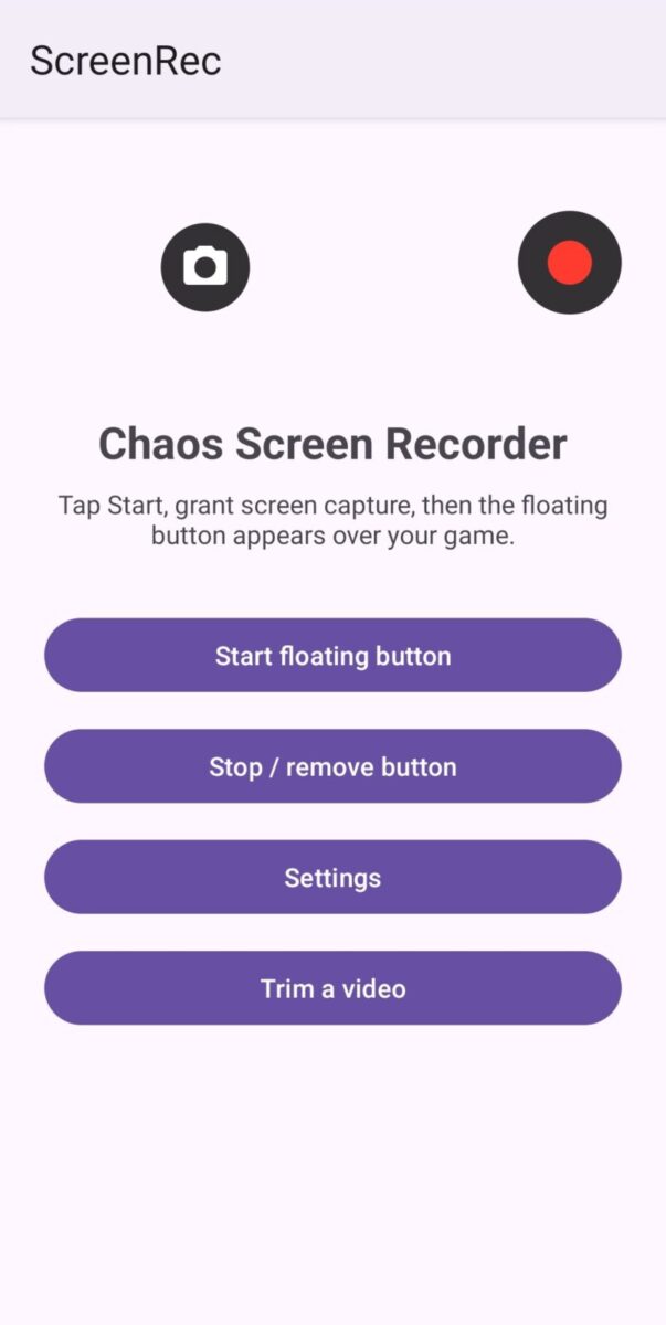 Chaos Screen Recorder screenshot: main screen start floating button