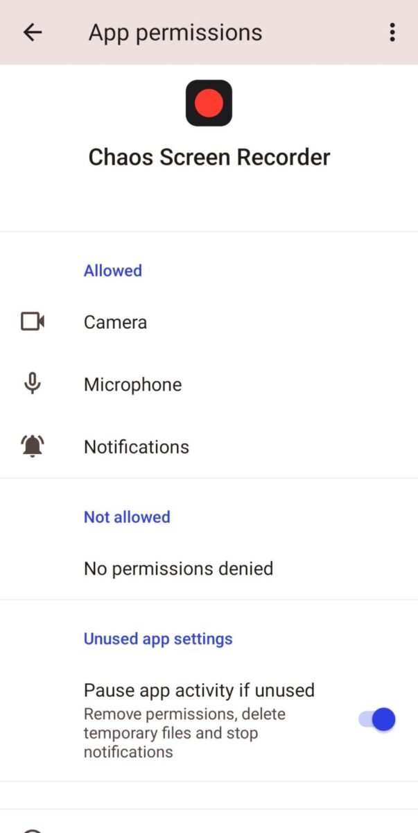 Chaos Screen Recorder screenshot: permissions camera microphone