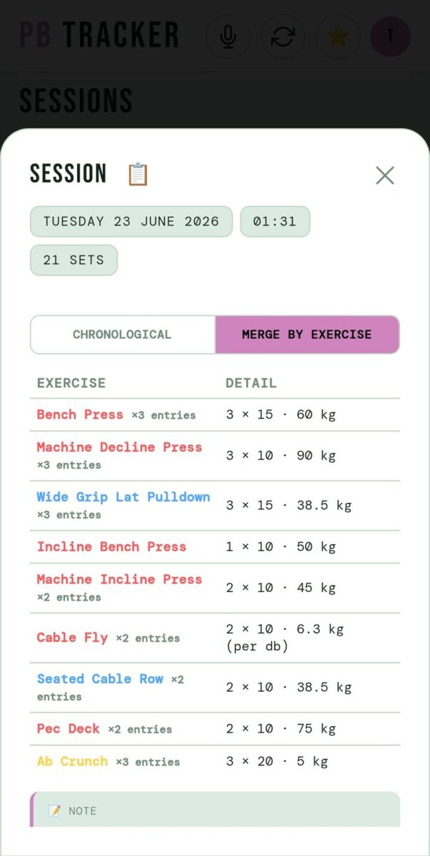 BeStreak screenshot: session merged by exercise