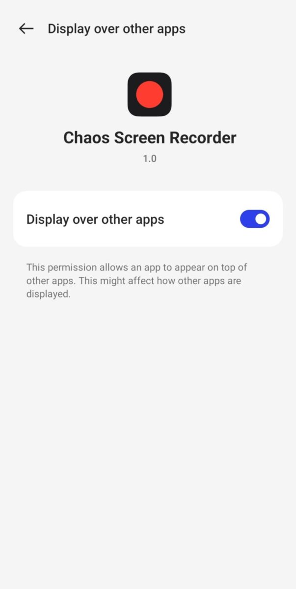 Chaos Screen Recorder screenshot: display over other apps permission