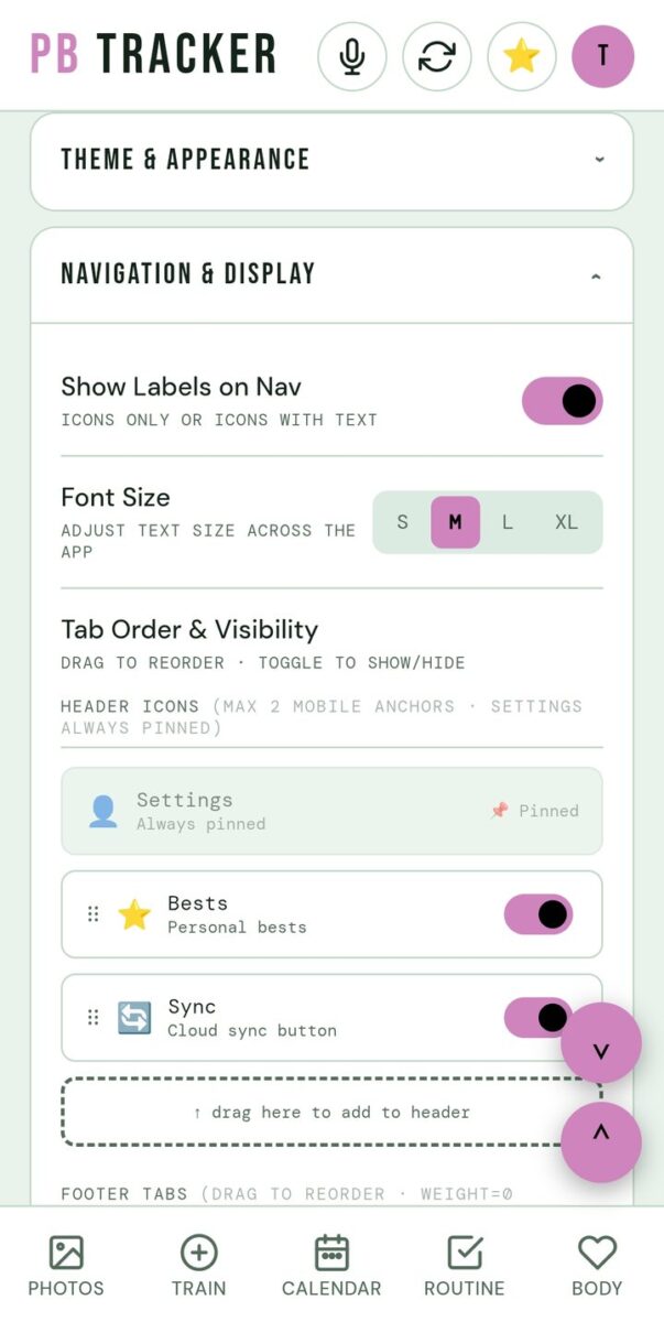 BeStreak screenshot: navigation settings