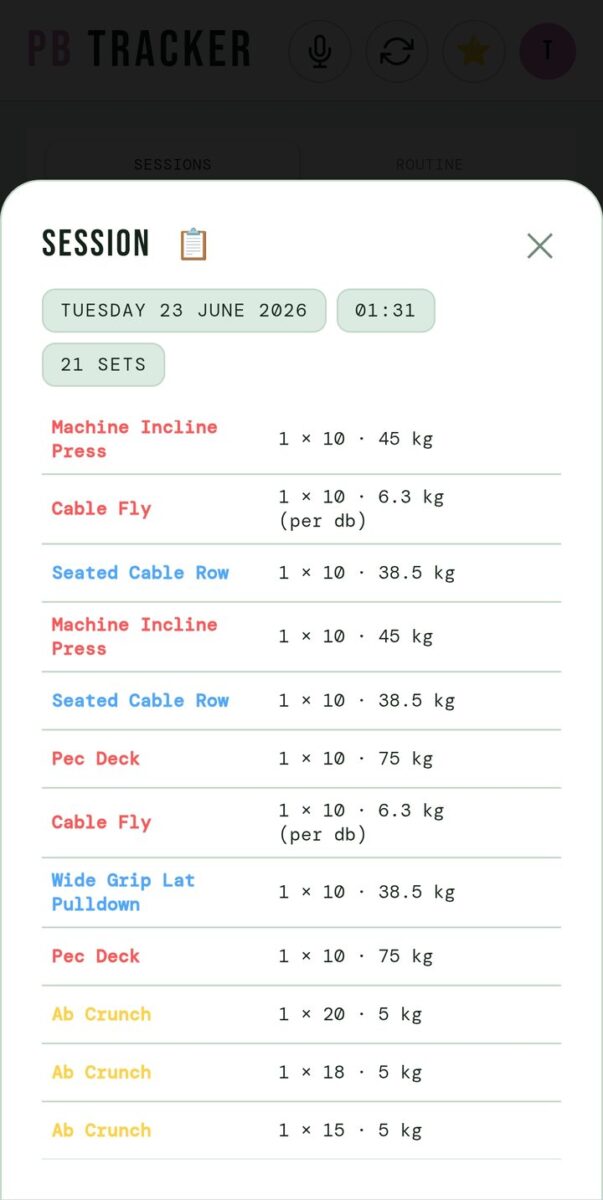 BeStreak screenshot: session detail list