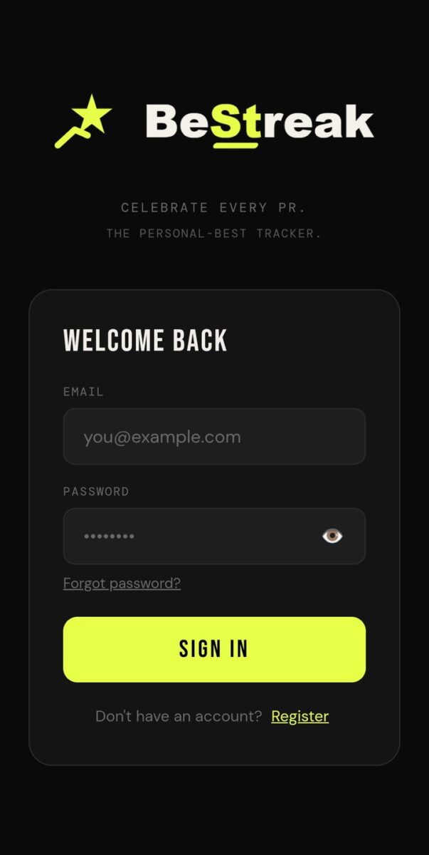 BeStreak screenshot: bestreak login screen