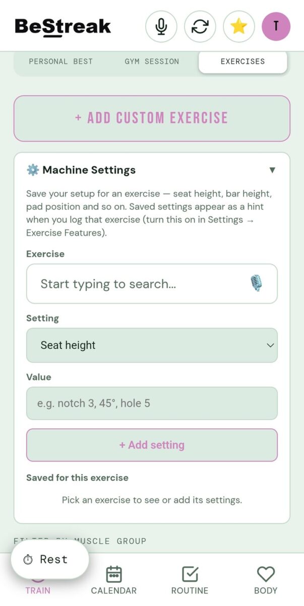 BeStreak screenshot: machine settings for exercises