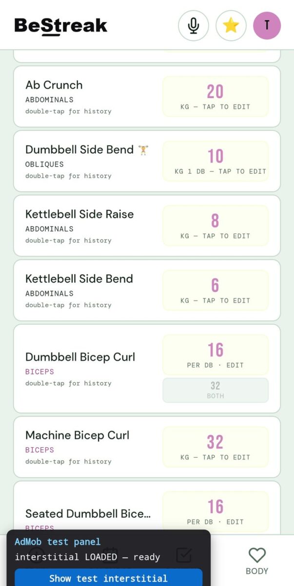 BeStreak screenshot: admob test panel