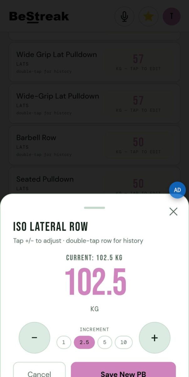 BeStreak screenshot: adjust personal best