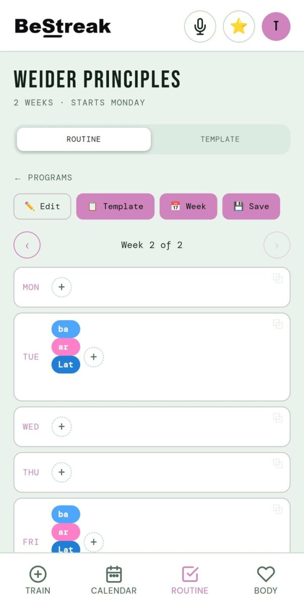 BeStreak screenshot: program week view