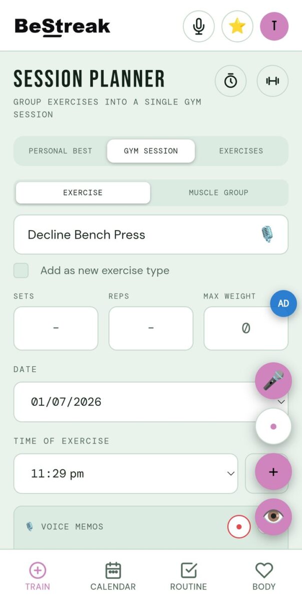 BeStreak screenshot: session planner