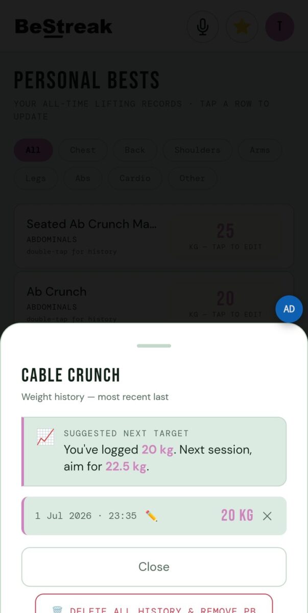BeStreak screenshot: suggested next target