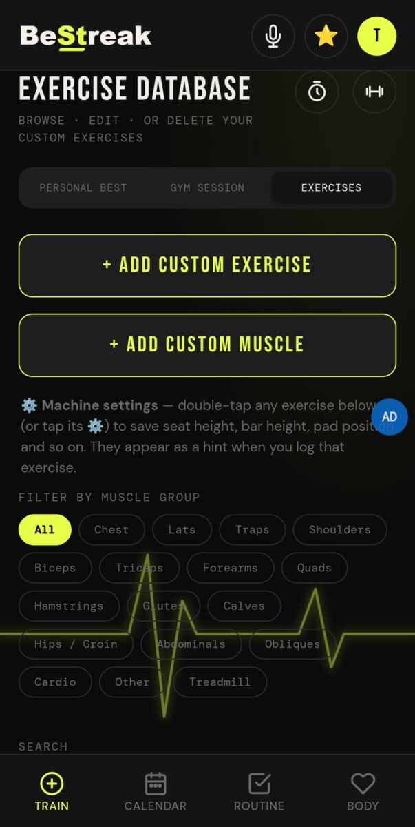 BeStreak screenshot: exercise database with background