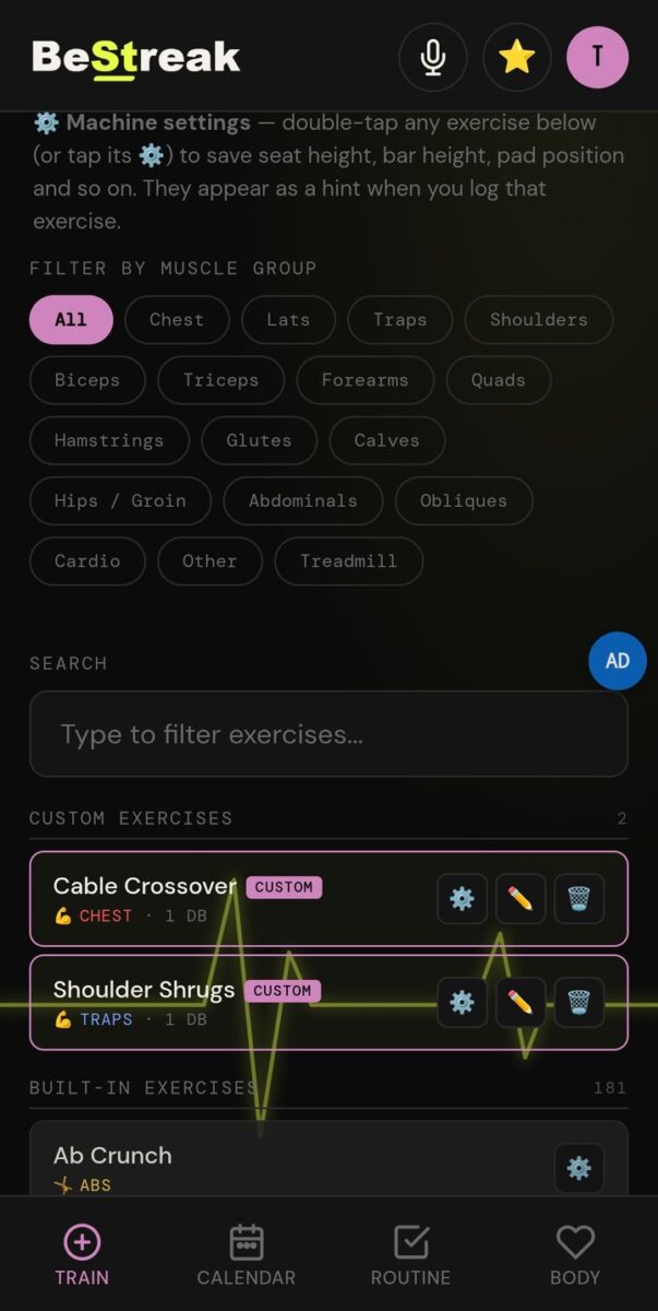 BeStreak screenshot: custom exercises list