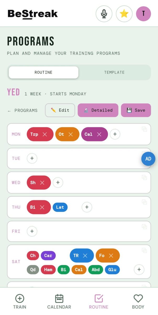 BeStreak screenshot: programs with template groups