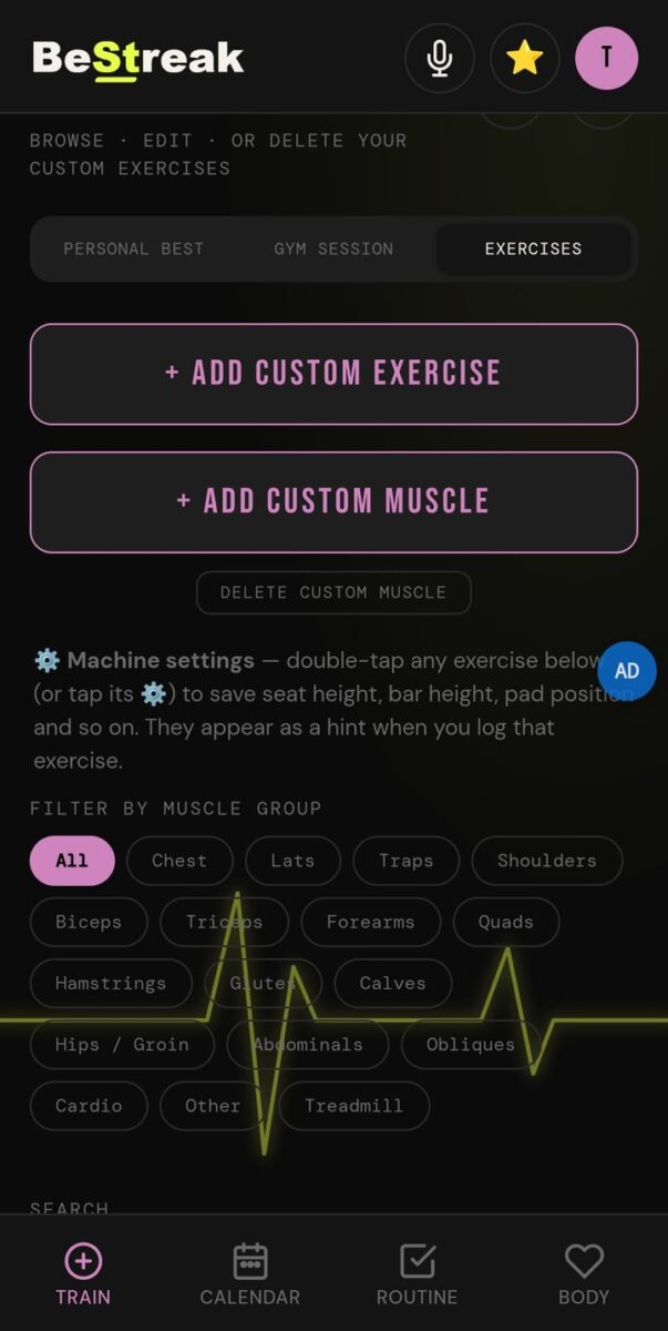 BeStreak screenshot: exercise database filters dark