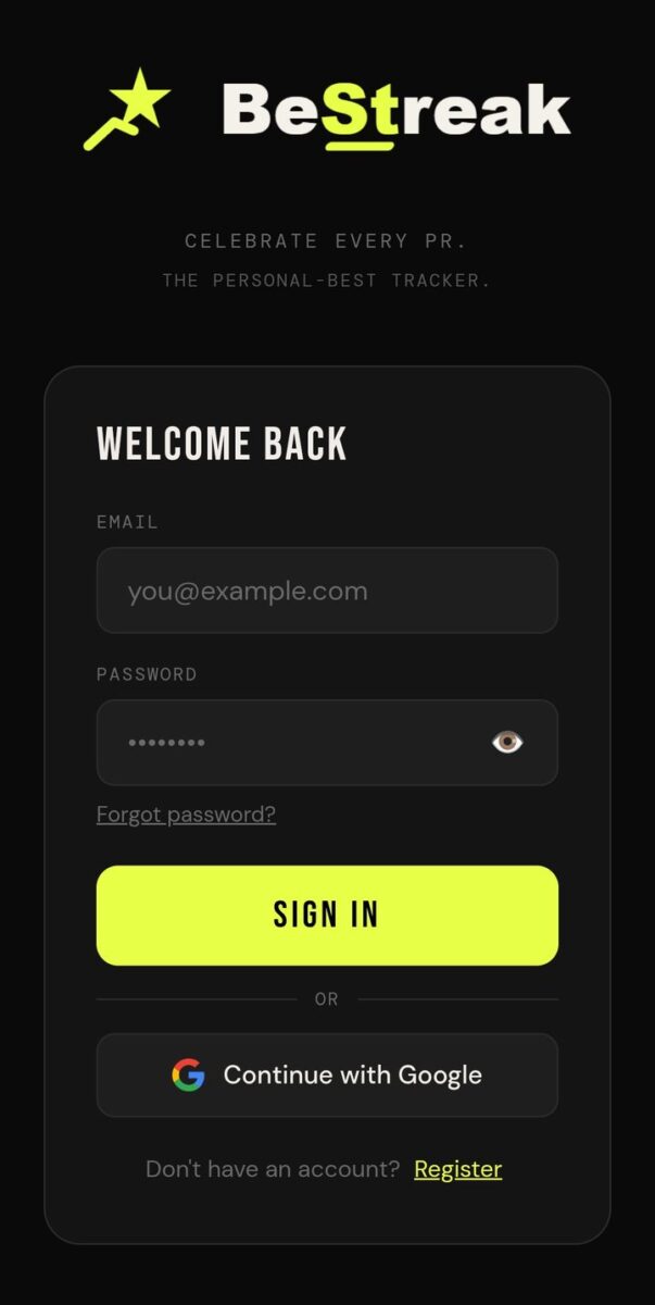 BeStreak screenshot: login with google button