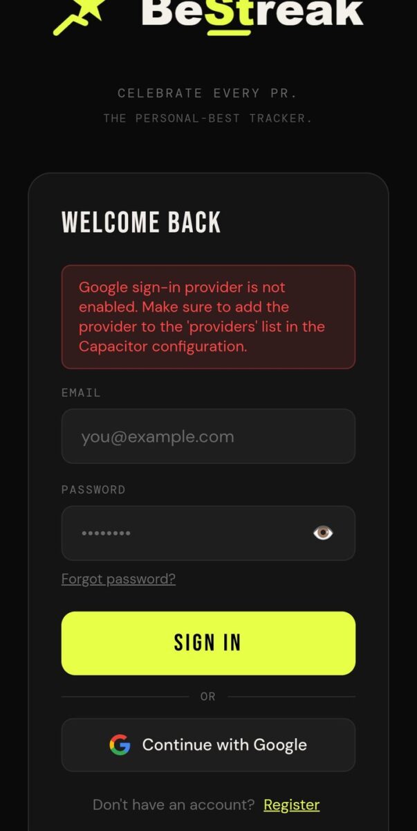 BeStreak screenshot: google sign in error