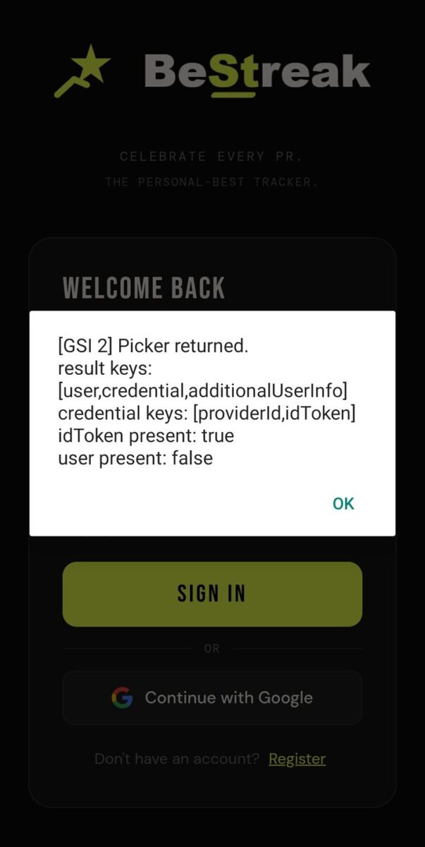 BeStreak screenshot: google sign in debug alert