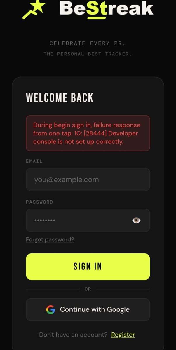 BeStreak screenshot: google sign in developer error