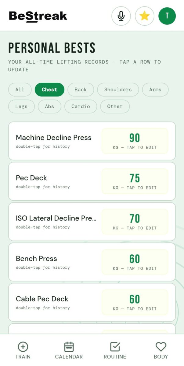 BeStreak screenshot: personal bests mint theme