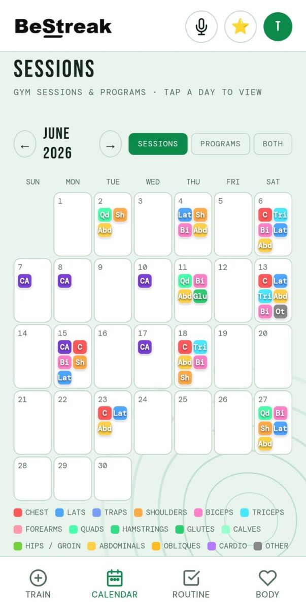 BeStreak screenshot: sessions calendar june