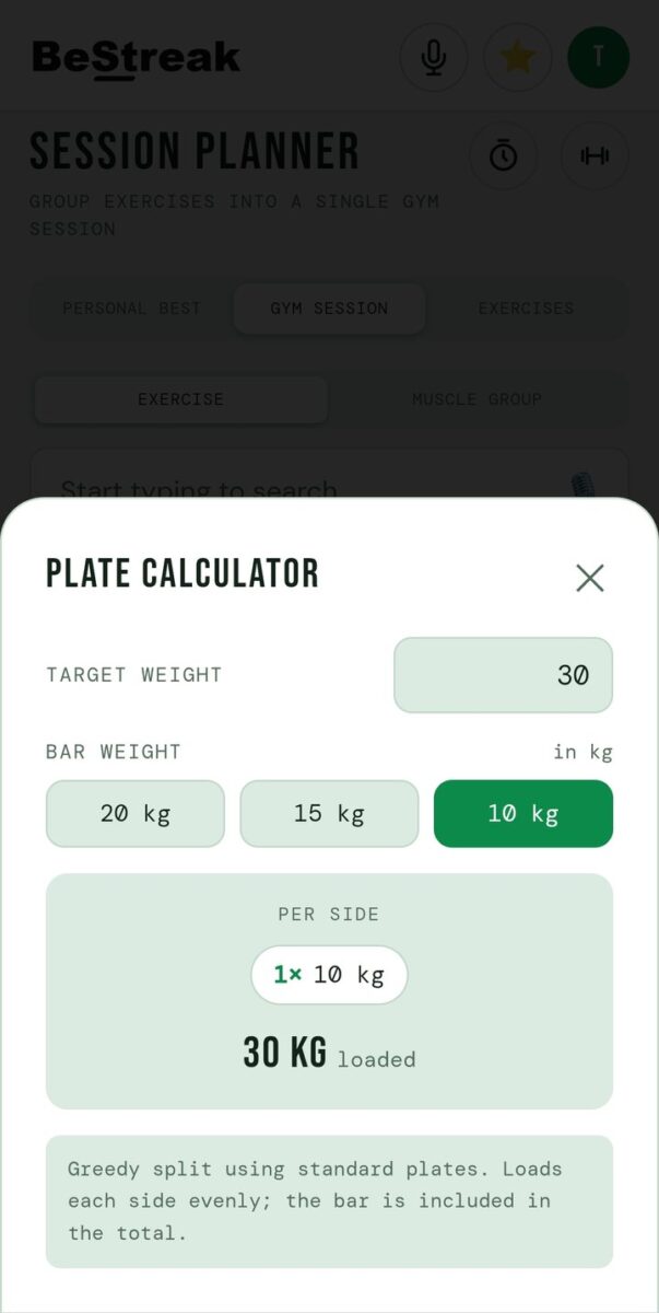 BeStreak screenshot: plate calculator