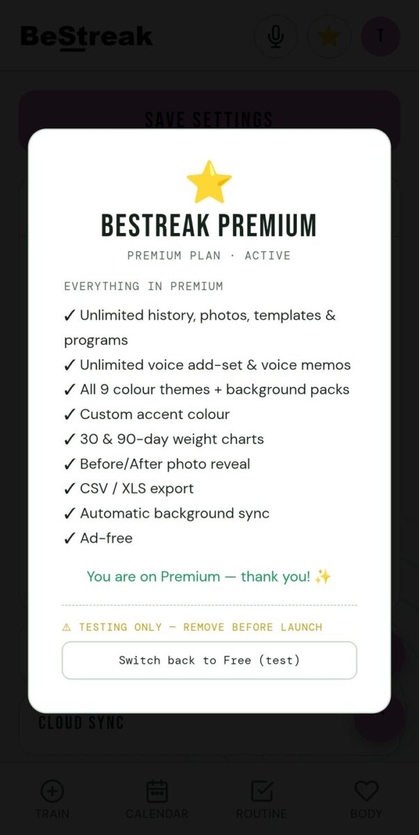 BeStreak screenshot: bestreak premium active