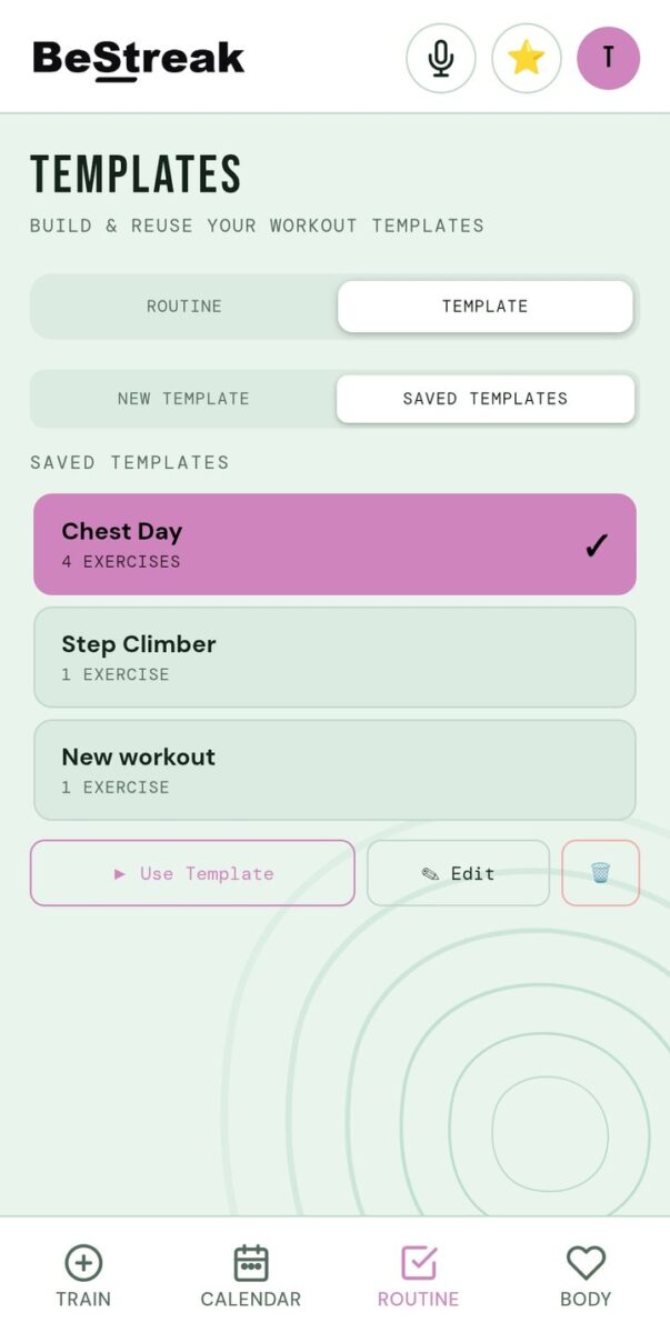 BeStreak screenshot: saved templates