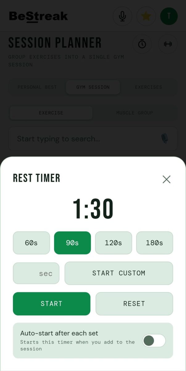 BeStreak screenshot: rest timer sheet