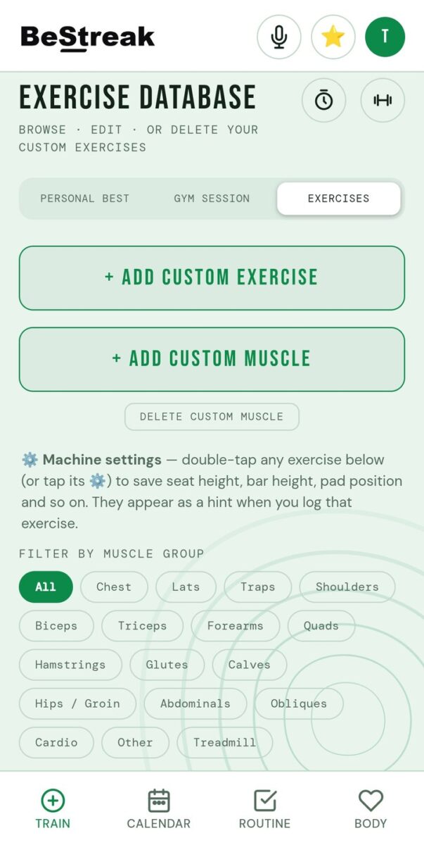 BeStreak screenshot: exercise database