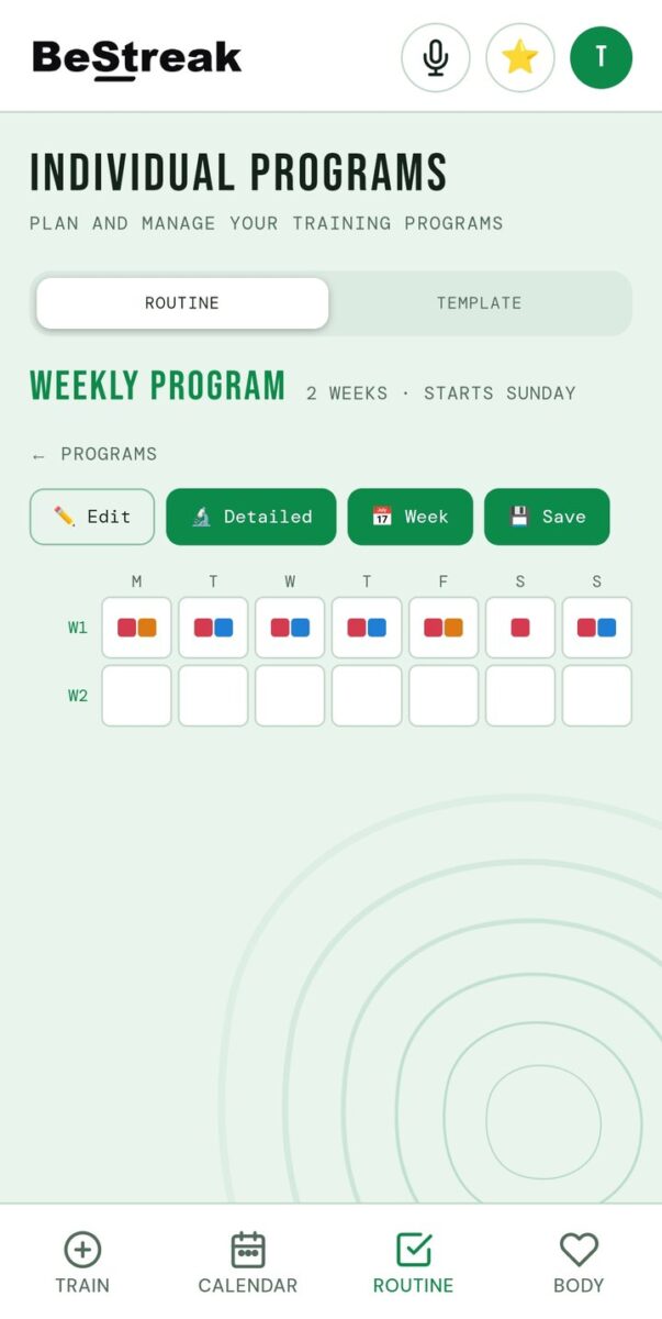 BeStreak screenshot: individual programs grid