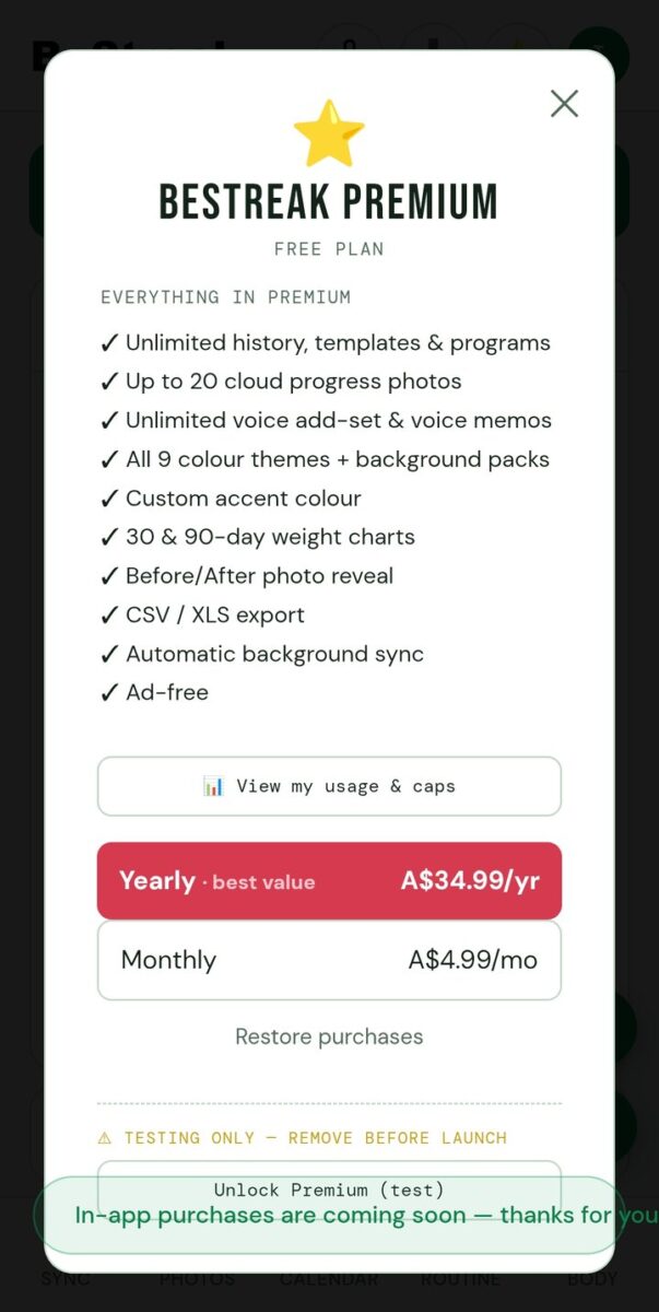 BeStreak screenshot: premium pricing sheet