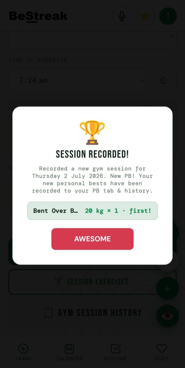 BeStreak screenshot: session recorded first pb