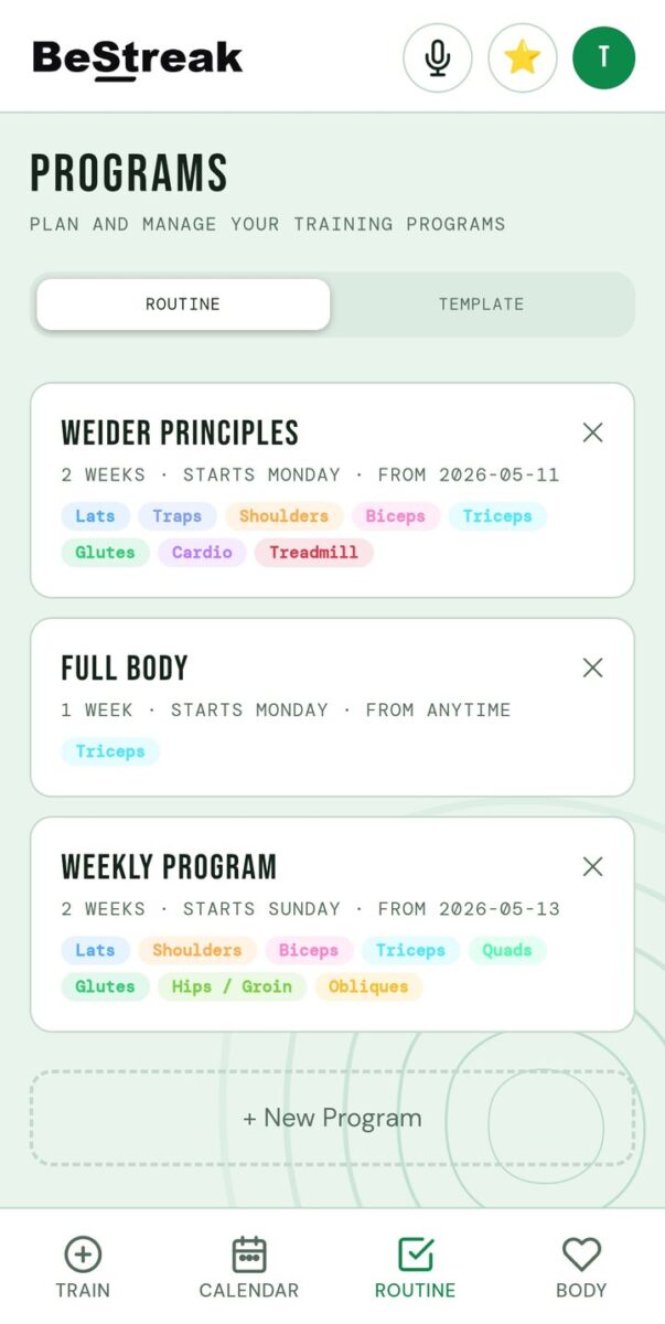 BeStreak screenshot: programs list