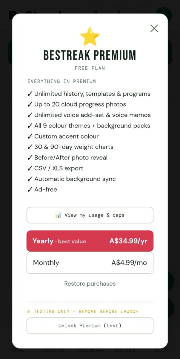 BeStreak screenshot: premium plan sheet