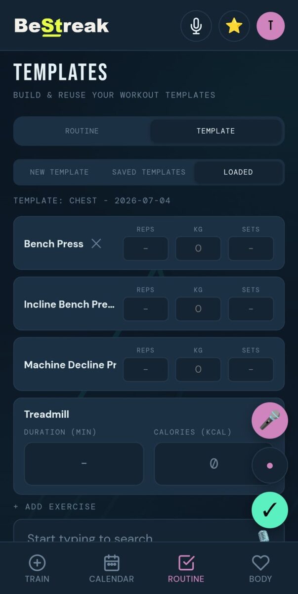 BeStreak screenshot: loaded template