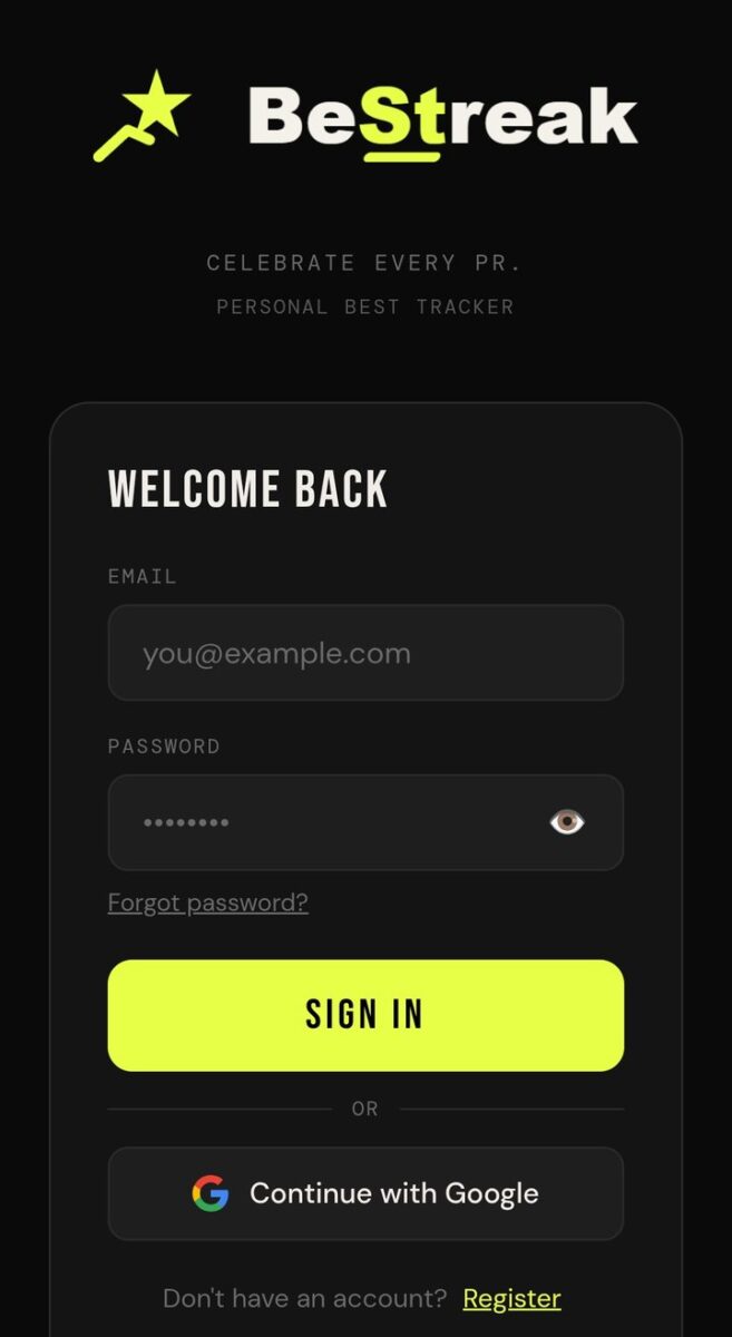 BeStreak screenshot: bestreak app web login
