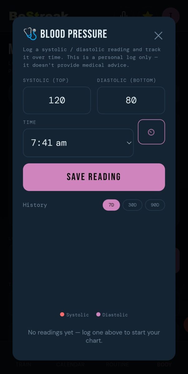 BeStreak screenshot: blood pressure log