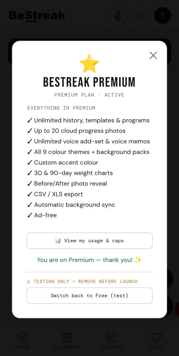 BeStreak screenshot: premium plan active