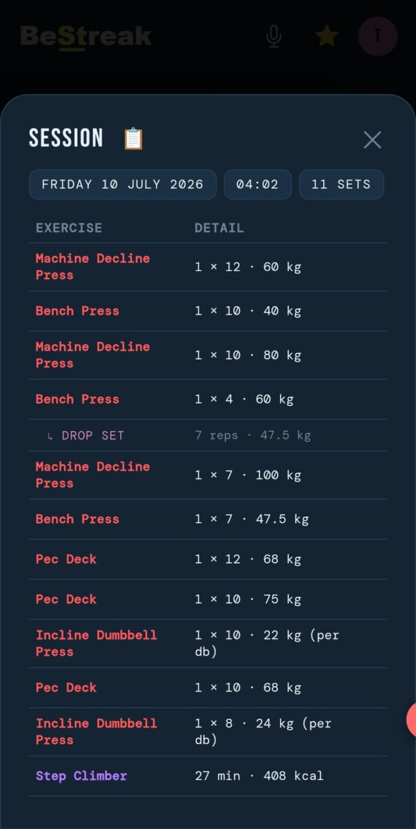BeStreak screenshot: session with drop set