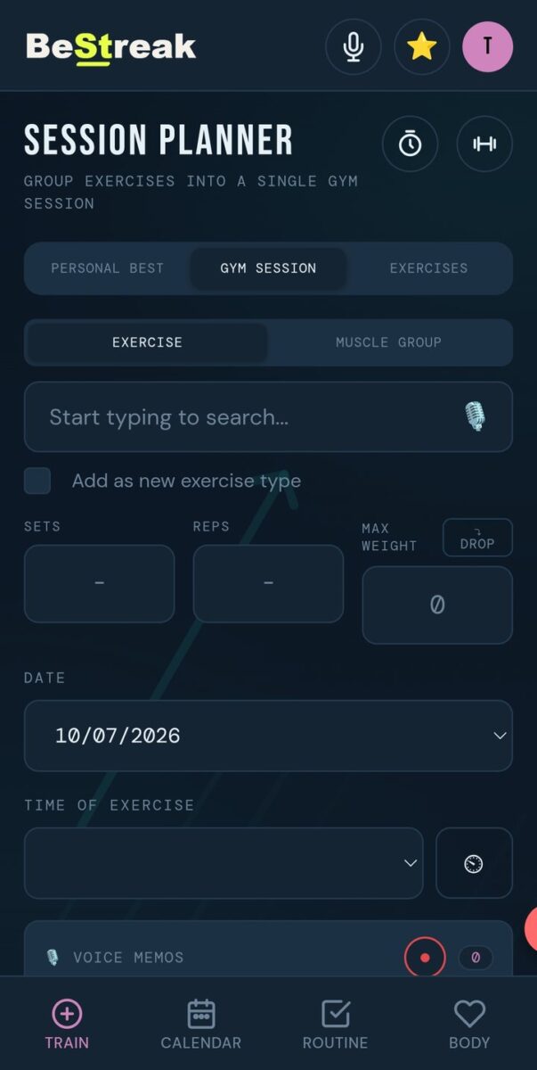 BeStreak screenshot: session planner ocean