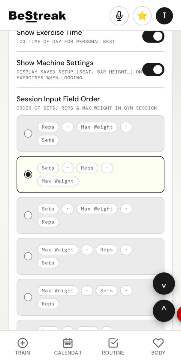 BeStreak screenshot: input order settings