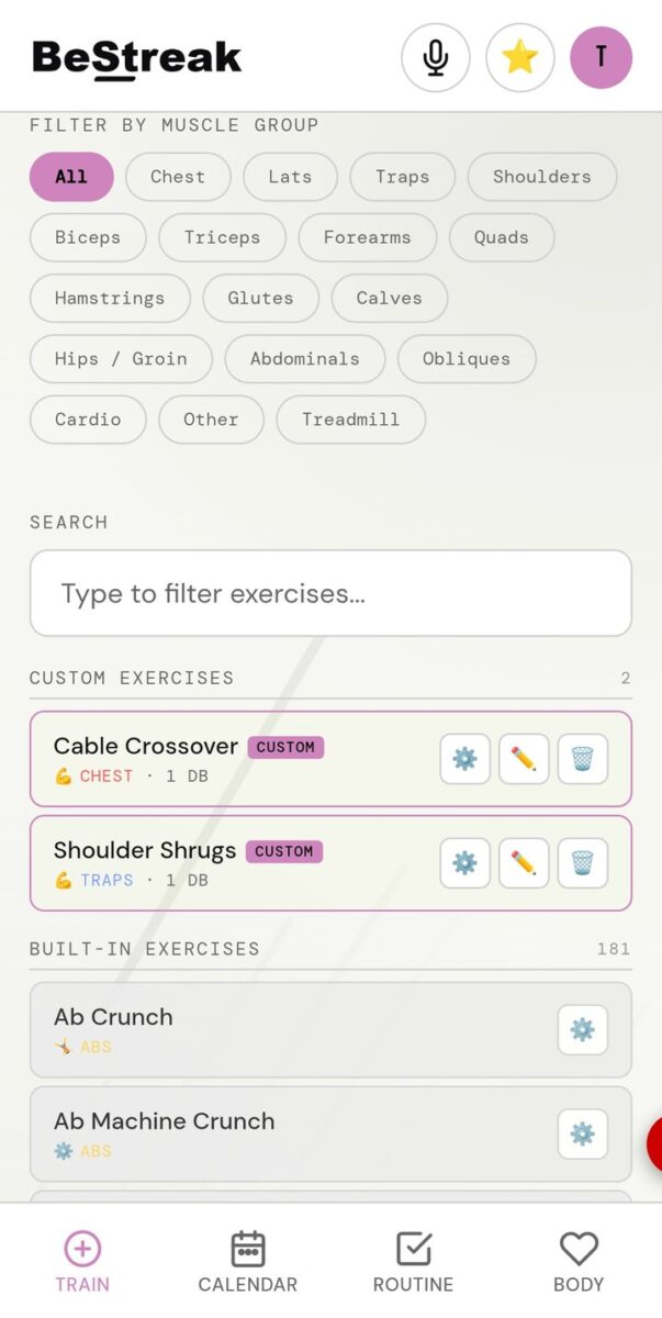 BeStreak screenshot: exercise database filters