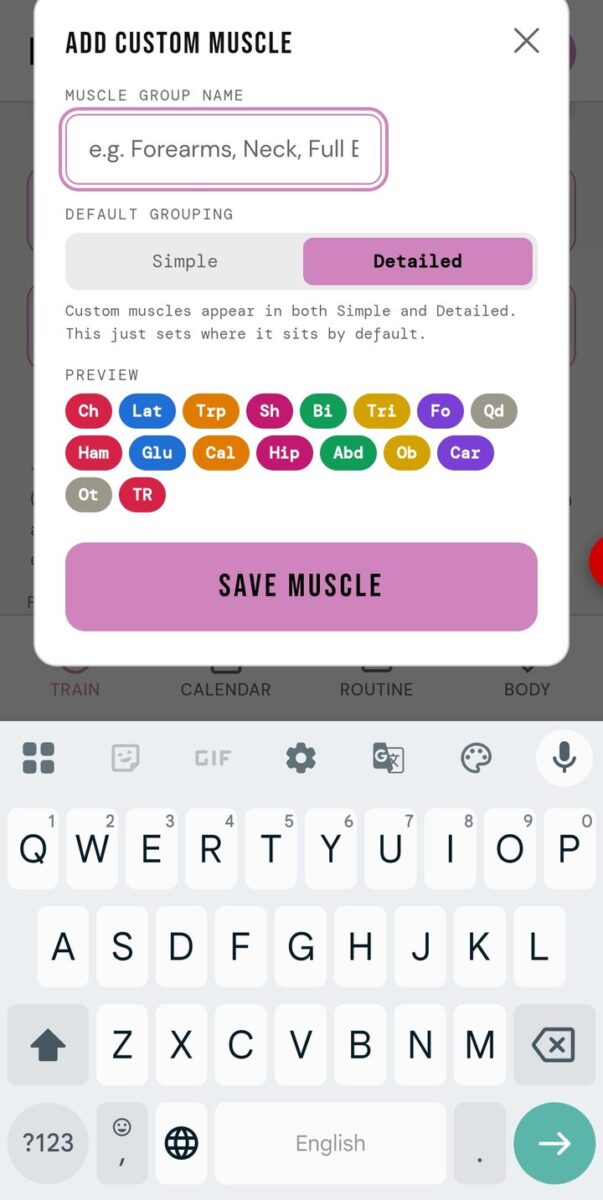 BeStreak screenshot: add custom muscle