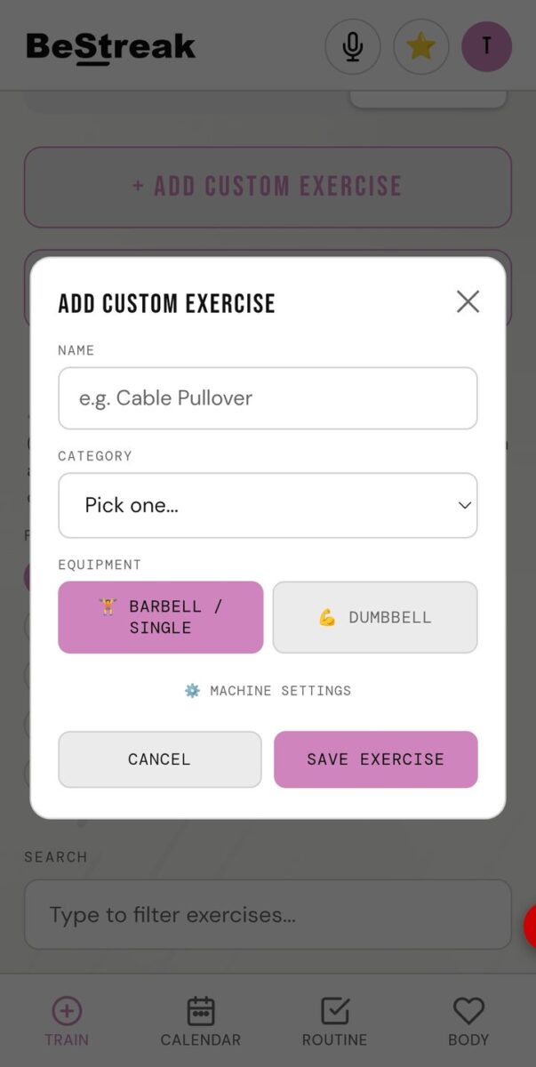 BeStreak screenshot: add custom exercise