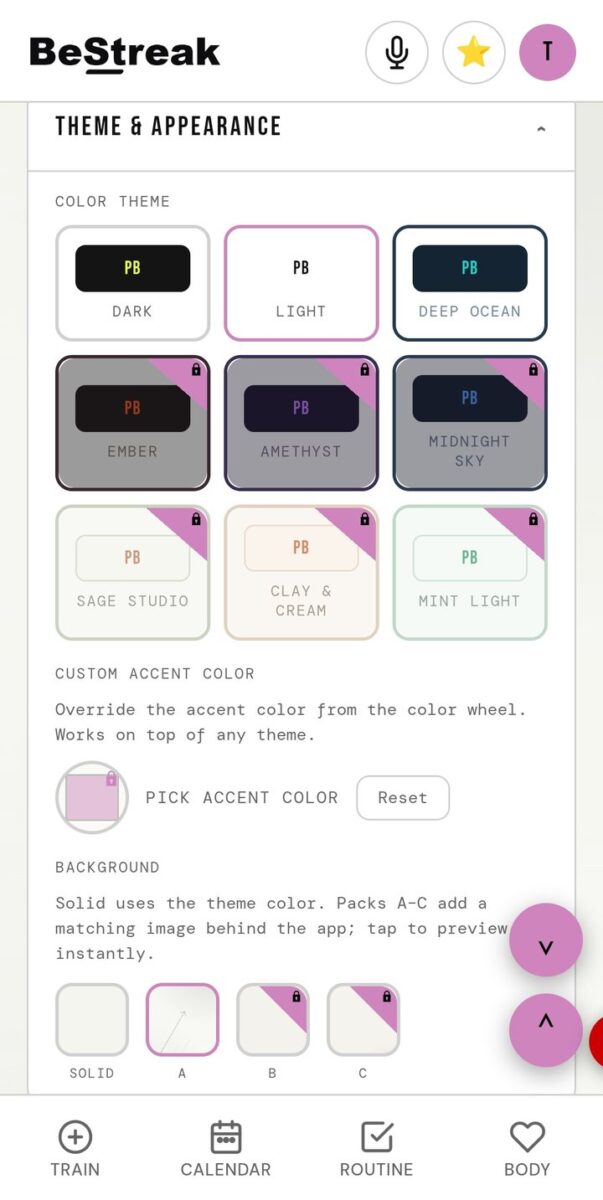 BeStreak screenshot: colour themes with premium locks